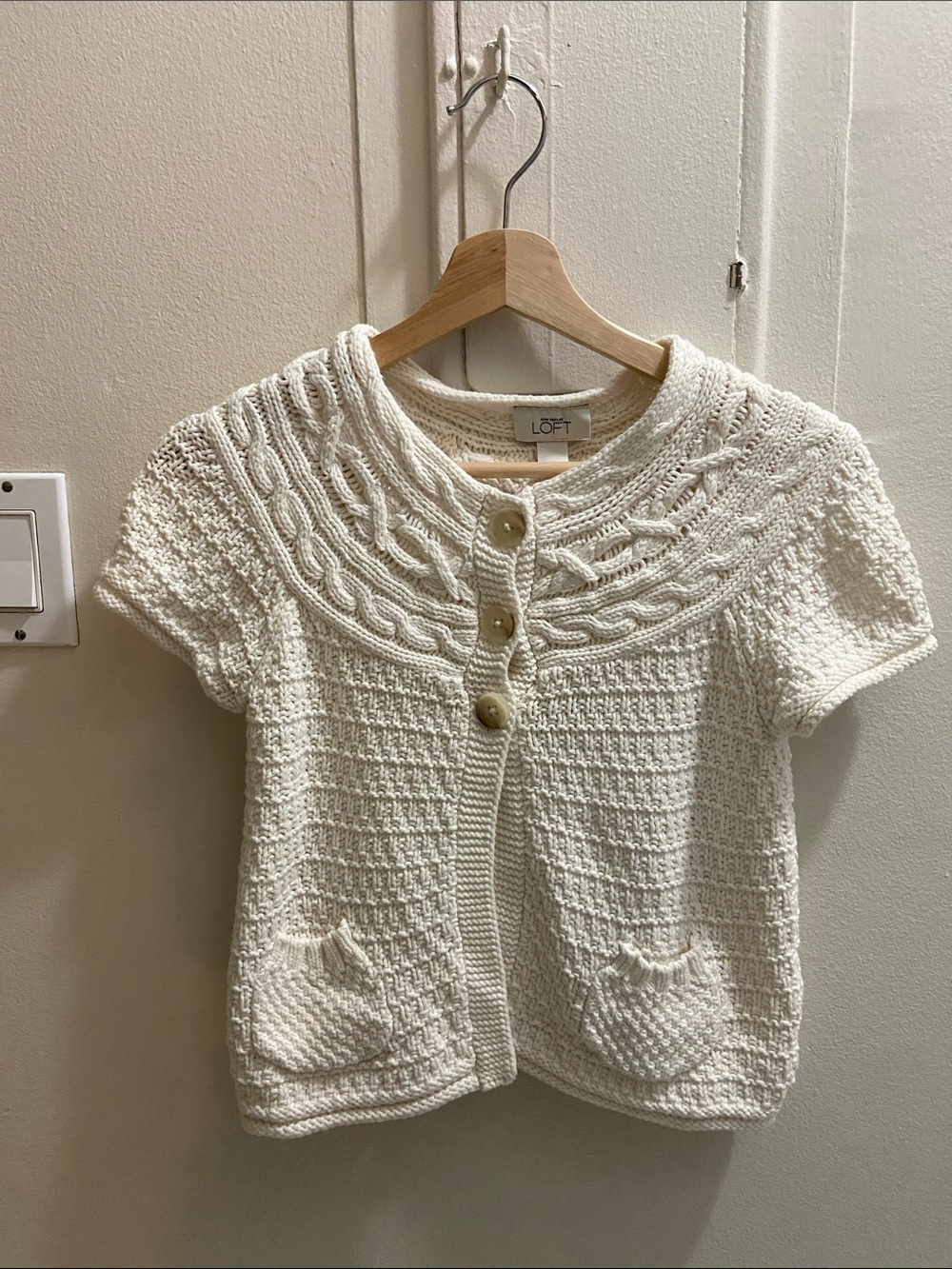 LOFT Cream Cable Yoke Short Sleeve Cardigan